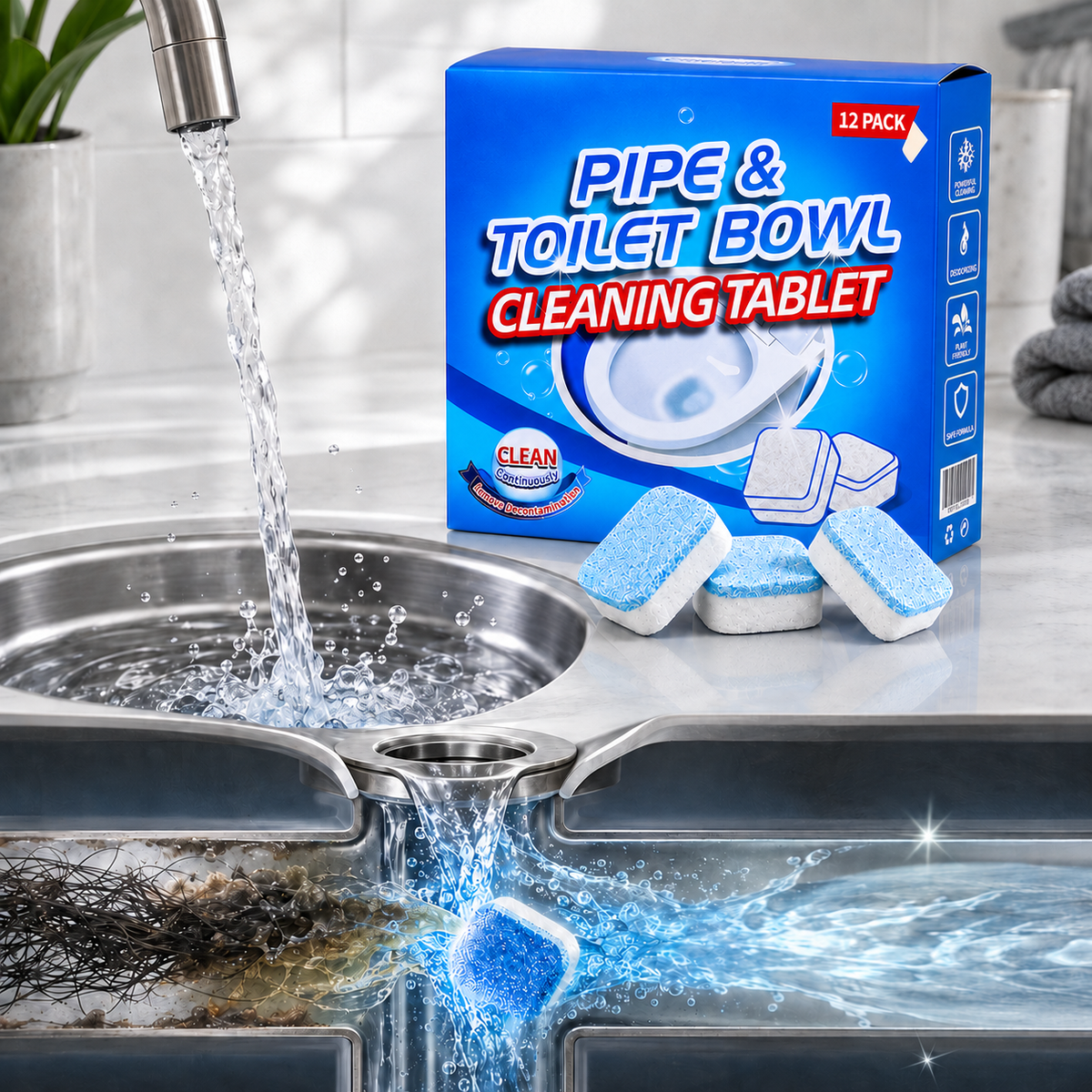 Drain Cleaning Tablets 12 Pack For Sinks, Showers & Washing Machines