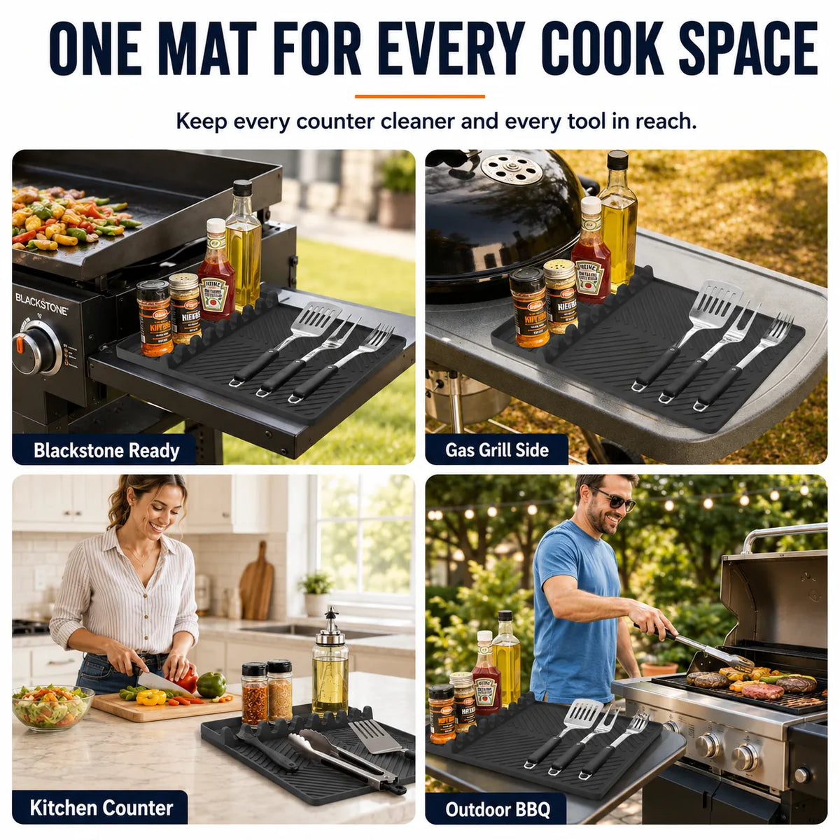 16.5" 11" Silicone Grill Side Shelf Mat Heat-Resistant, Non-Slip & Dishwasher Safe BBQ Organizer