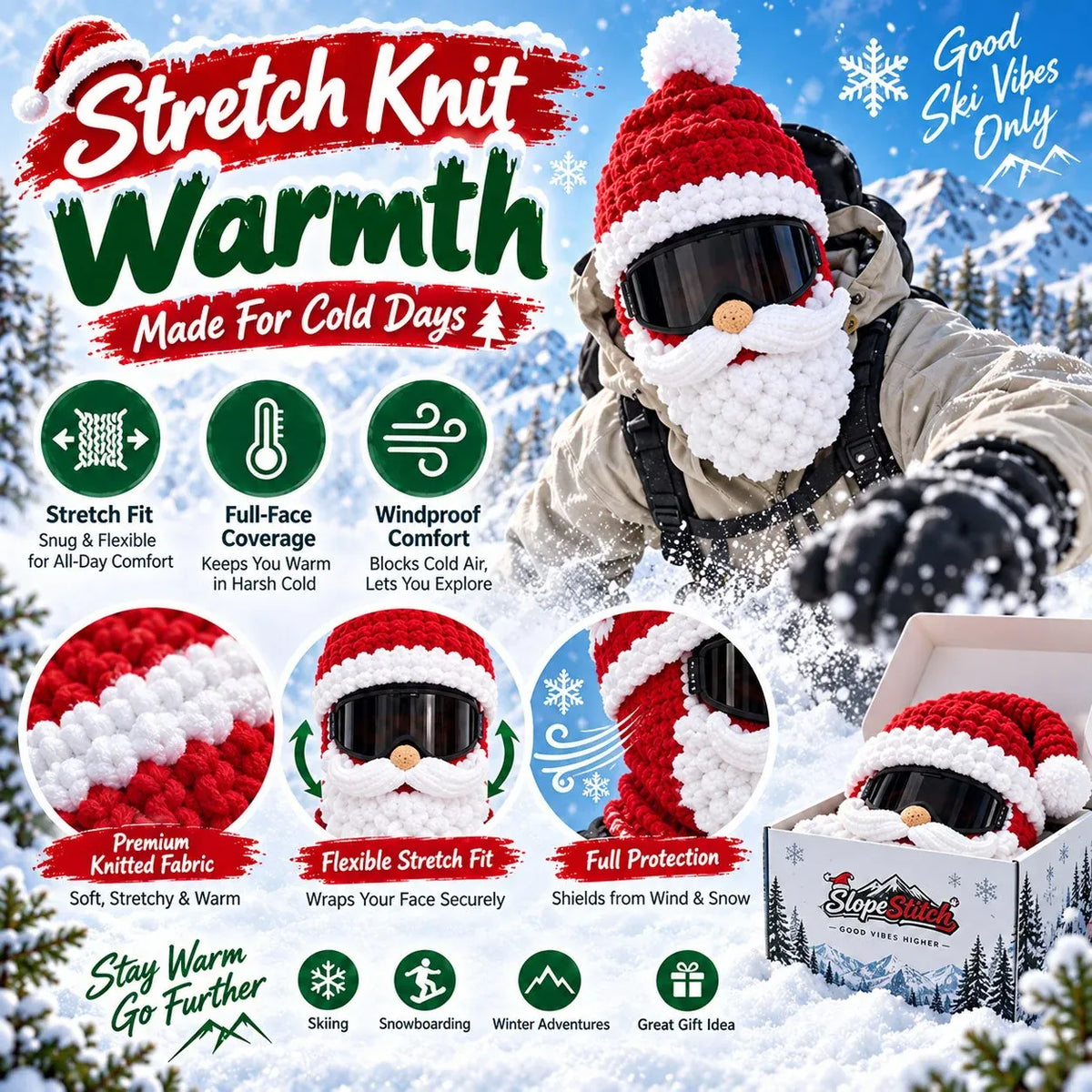 3D Christmas Knit Ski Mask | Warm Full-Face Cover in 3 Festive Styles for Ski Trips, Parties & Winter Adventures