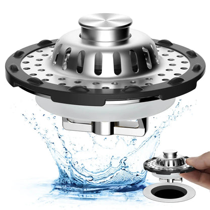 3-in-1 Pop-Up Sink Stopper Hair Catcher, Drain Protector & Water Stopper | Universal Chrome Fit
