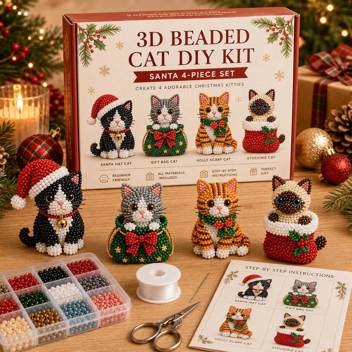 Create Your Own 3D Beaded Christmas Cats | Beginner-Friendly DIY Kit