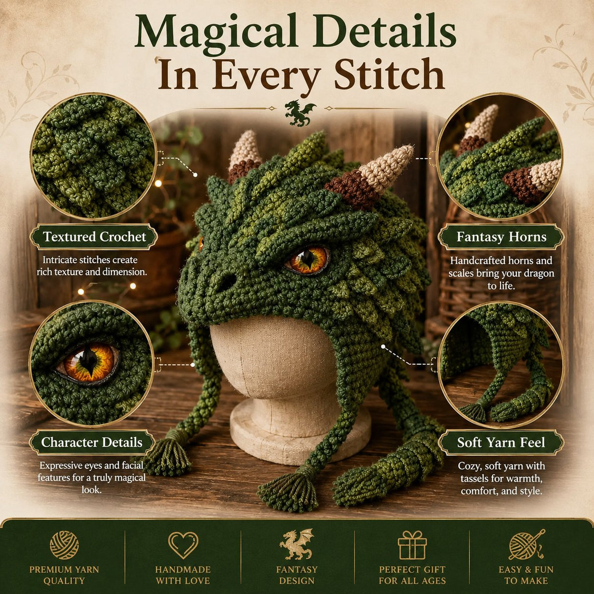 Fantasy Hood Hat DIY Crochet Kit | Premium Soft Yarn Materials with Step-by-Step Guide DIY Handmade Wearable Character