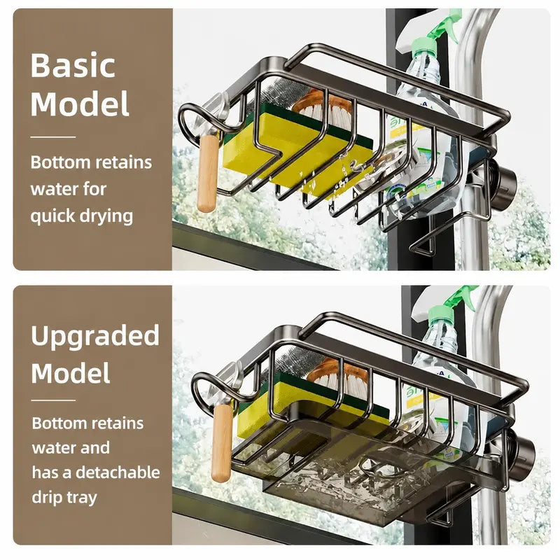 Sink Organizer Rack,Hanging Faucet Drain Rack with Drip Tray Stainless Steel Detachable Sink Faucet Sponge Holder Over