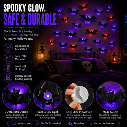 3D LED Glowing Bat Wall Decorations Halloween Flying Bat Swarm Set