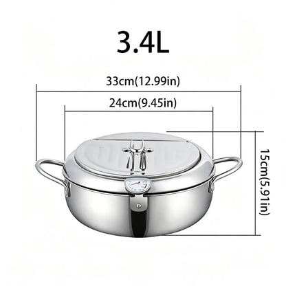 304 Grade Stainless Steel Deep Fryer Pot - Japanese Style, with Thermometer, Oil Drip Drainer Rack, Temp Control