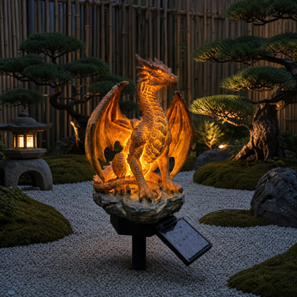 Solar Dragon Garden Statue Light Golden Ember Fantasy Outdoor Decor