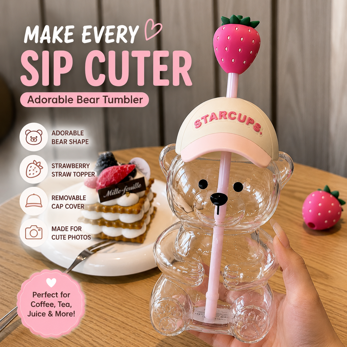 2026 Cute Beaar Glass Tumbler with Bear Lid & Strawberry Straw