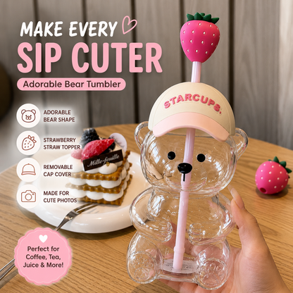 2026 Cute Beaar Glass Tumbler with Bear Lid & Strawberry Straw