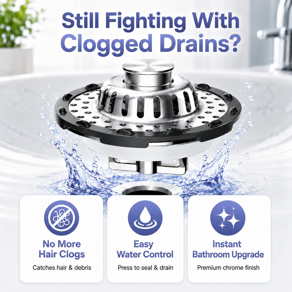 3-in-1 Pop-Up Sink Stopper Hair Catcher, Drain Protector & Water Stopper | Universal Chrome Fit