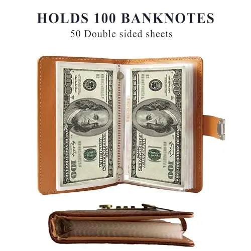 100 Pocket Banknote Collecting Album, PU Leather Password Lock Currency Binder with Clear Transparent Sleeves