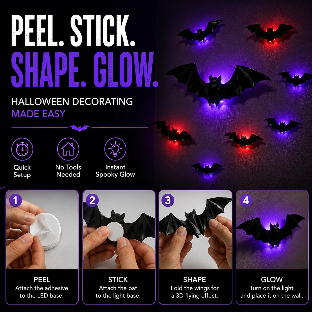 3D LED Glowing Bat Wall Decorations Halloween Flying Bat Swarm Set