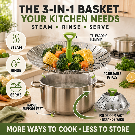 3-in-1 Adjustable Folding Steamer Basket Steam, Rinse & Serve