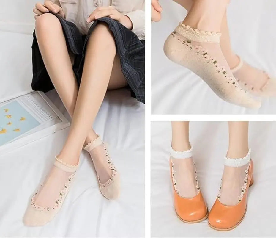 7 Pairs Womens Sheer Floral Mesh Ankle Socks Thin Transparent Ruffle Socks for Summer