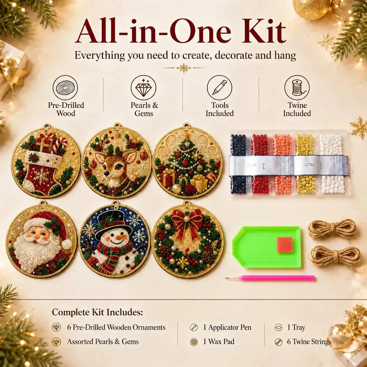 6Pcs/12Pcs Christmas DIY Diamond Painting Ornaments Kit, Xmas Tree Hanging Pendant