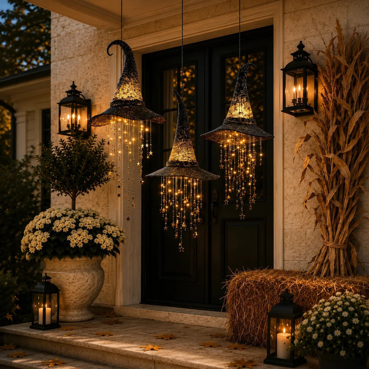 Lighted Witch Hat Hanging Chime Battery-Powered Halloween D cor with Remote Control