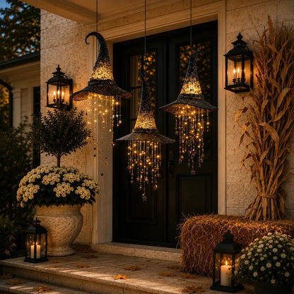Lighted Witch Hat Hanging Chime Battery-Powered Halloween D cor with Remote Control