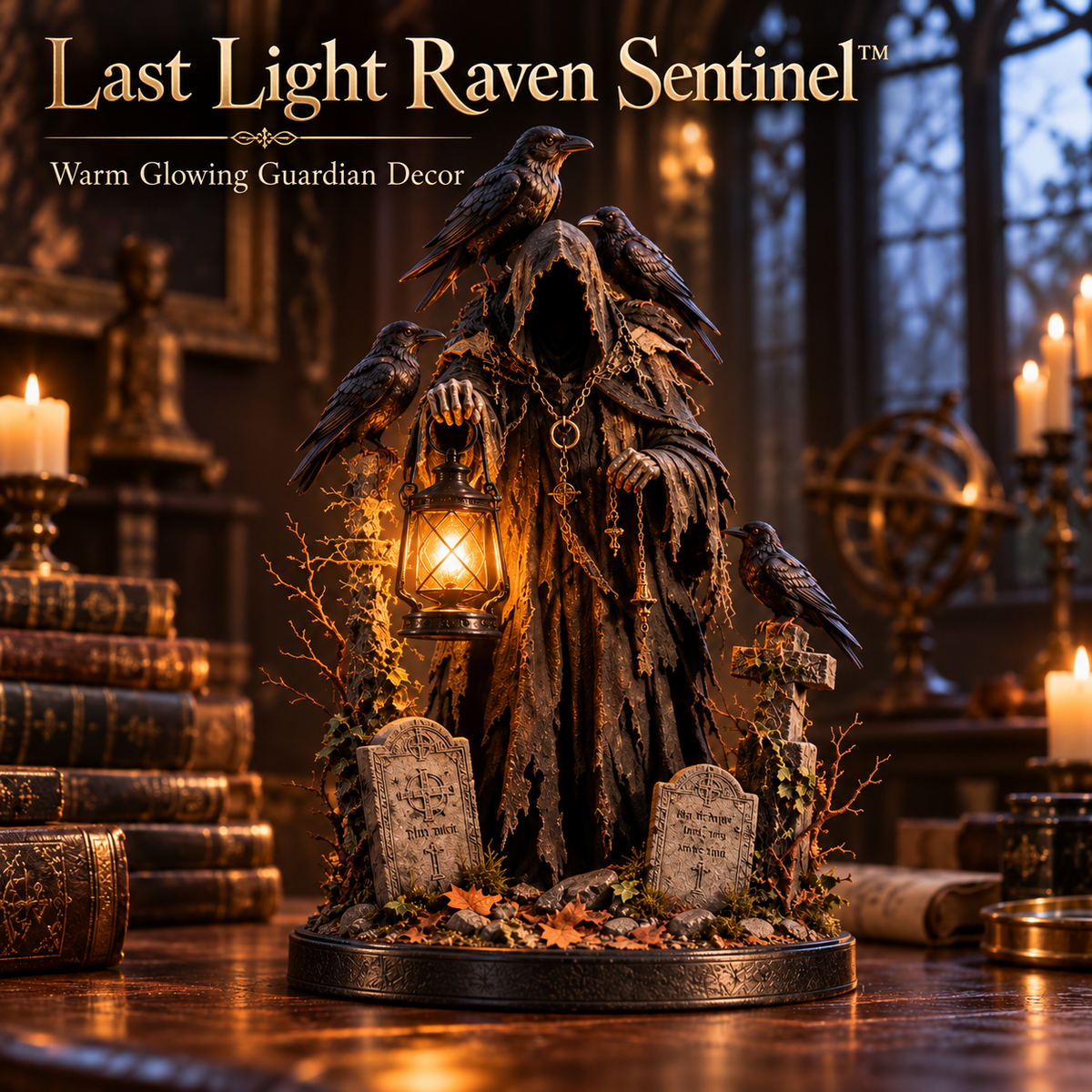 Keeper of the Last Light | Lighted Raven Guardian Gothic Statue