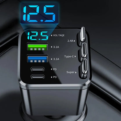 7-in-1 Retractable Fast Car Charger with Voltage Display USB-C, Fast Charging & Essential for Daily Use