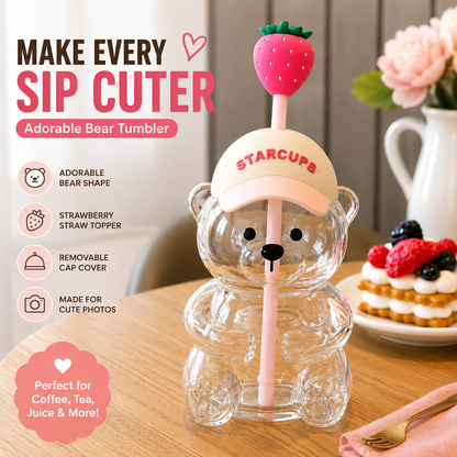 2026 Cute Beaar Glass Tumbler with Bear Lid & Strawberry Straw