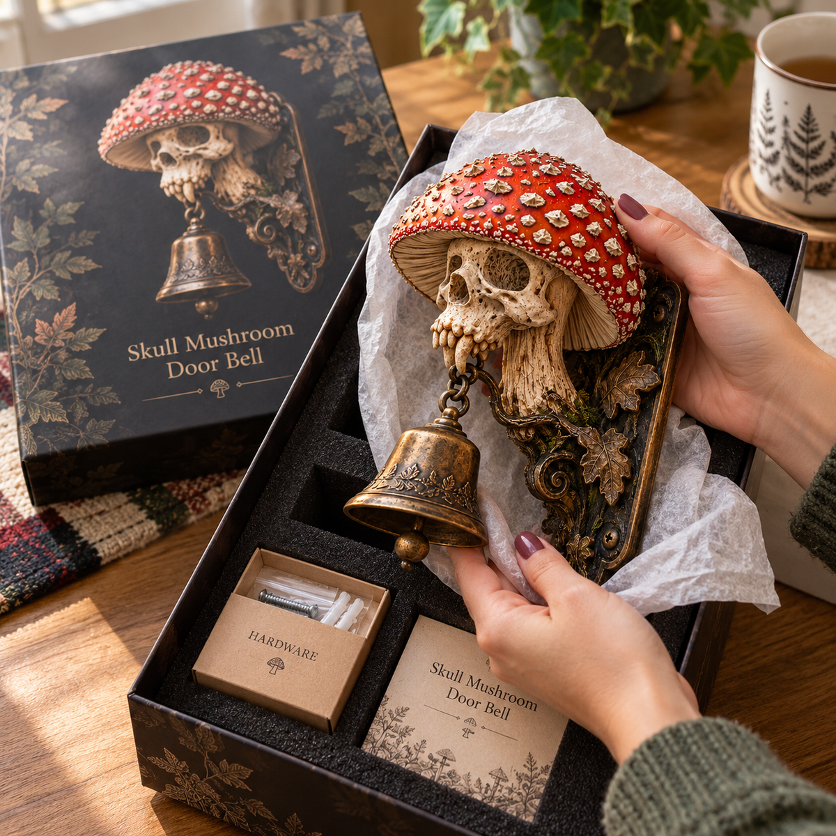 Skullcap Guardian Gothic Mushroom Skull Door Bell with Vintage Bronze Chime