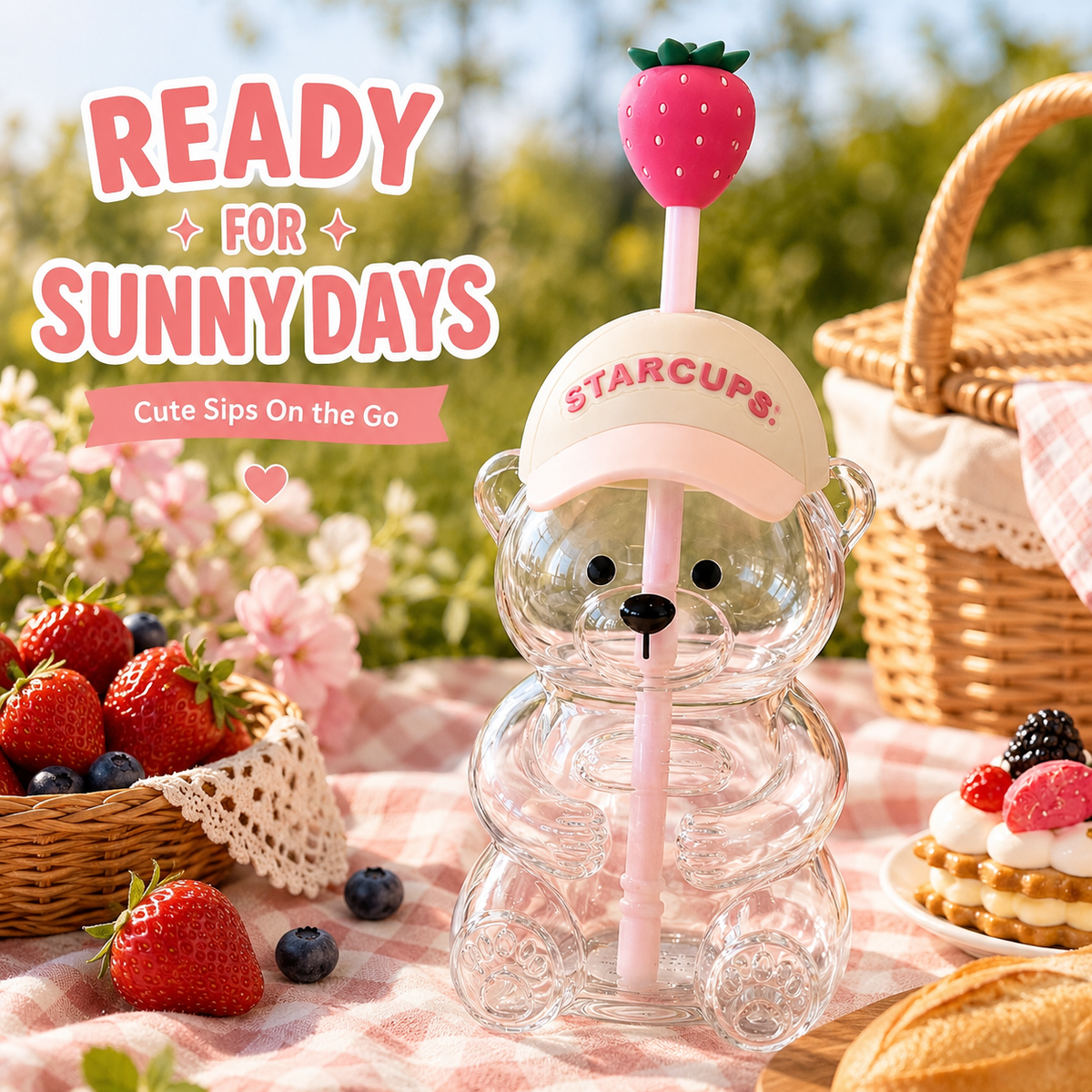 2026 Cute Beaar Glass Tumbler with Bear Lid & Strawberry Straw