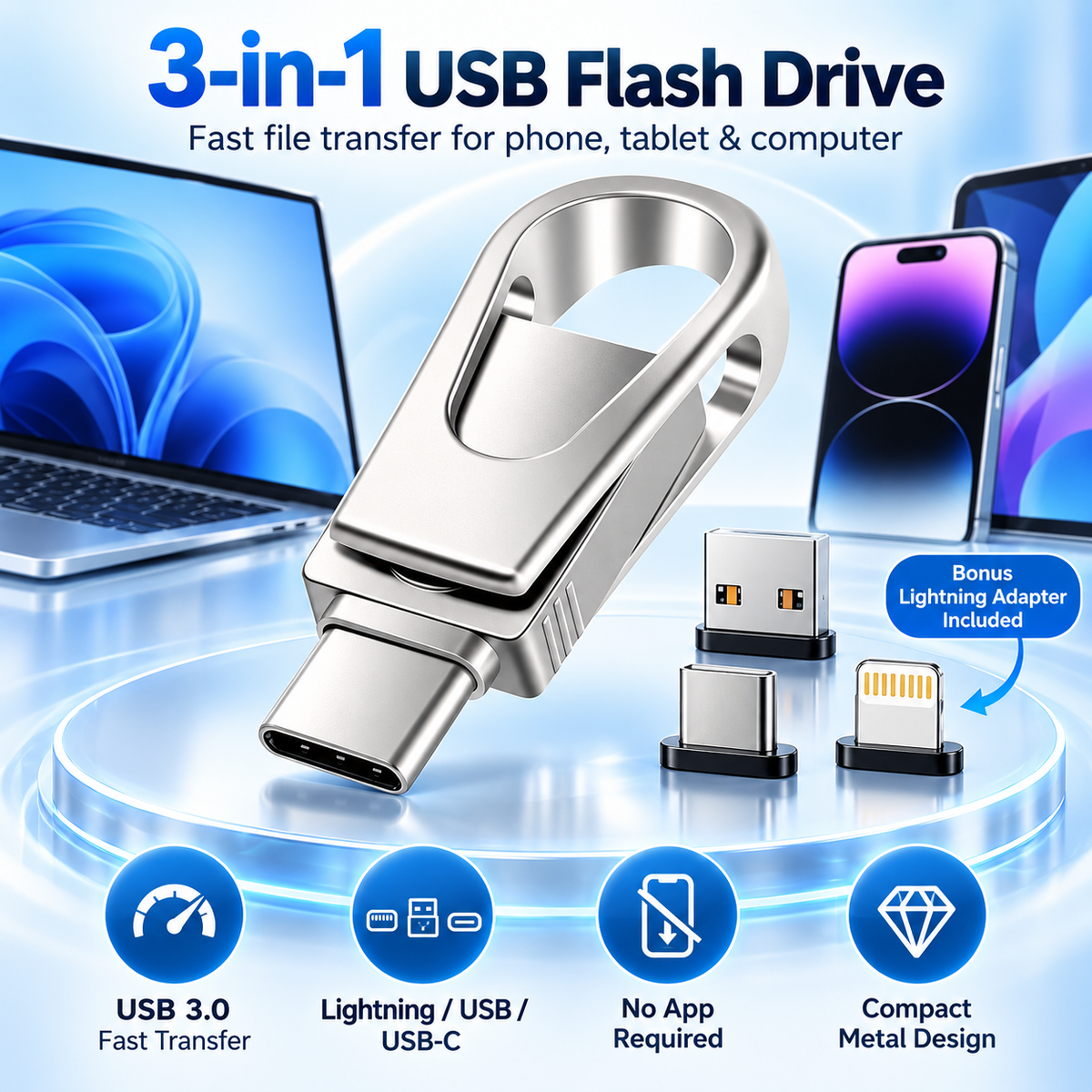 3-in-1 USB Flash Drive USB 3.0 & Type-C OTG, High-Speed Phone & Computer Storage