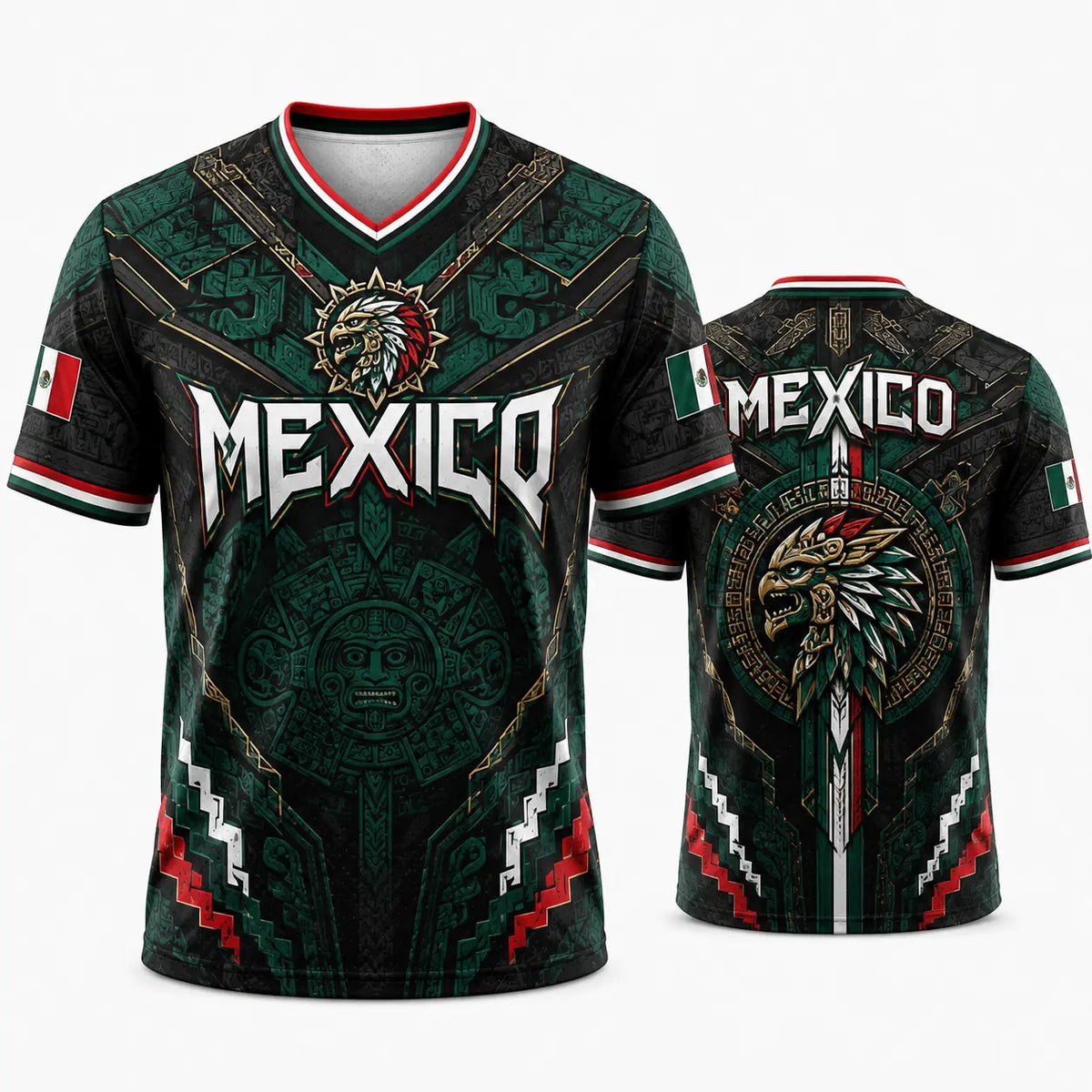 2026 Mexico Eagle Warrior Soccer Jersey Aztec Calendar Graphic V-Neck Fan Shirt for Men