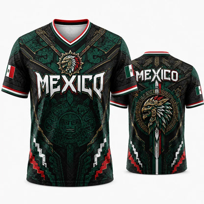 2026 Mexico Eagle Warrior Soccer Jersey Aztec Calendar Graphic V-Neck Fan Shirt for Men