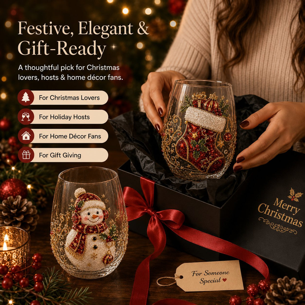 3D Christmas Glass Art Cup | Luxury Raised Holiday Glassware for Drinks, Decor & Christmas Gifts