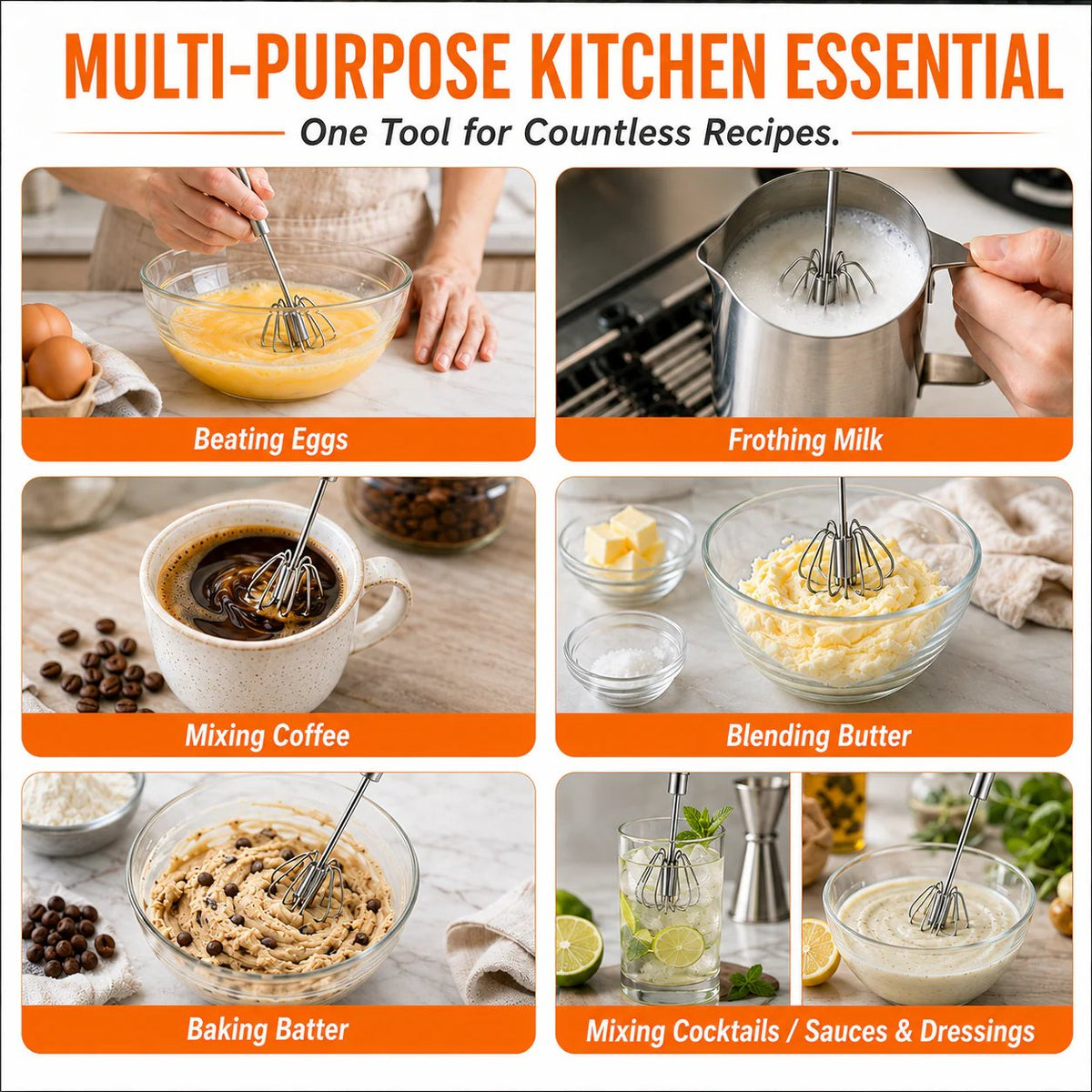 Stainless Steel Hand-Push Rotary Whisk Effortless Mixing in Seconds!