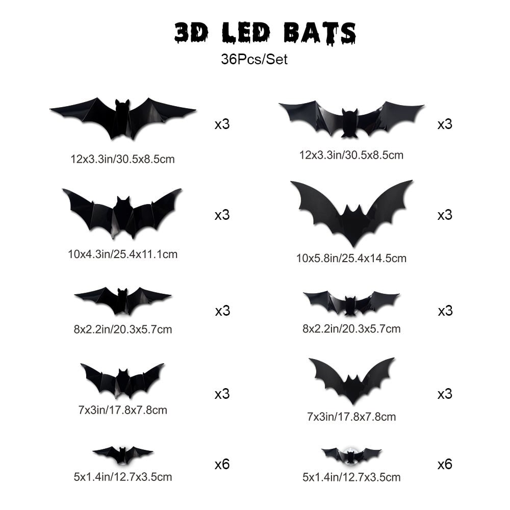 3D LED Glowing Bat Wall Decorations Halloween Flying Bat Swarm Set