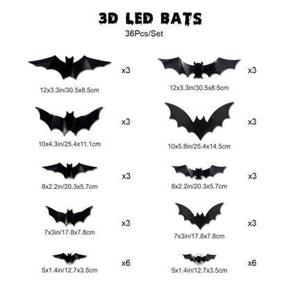 3D LED Glowing Bat Wall Decorations Halloween Flying Bat Swarm Set