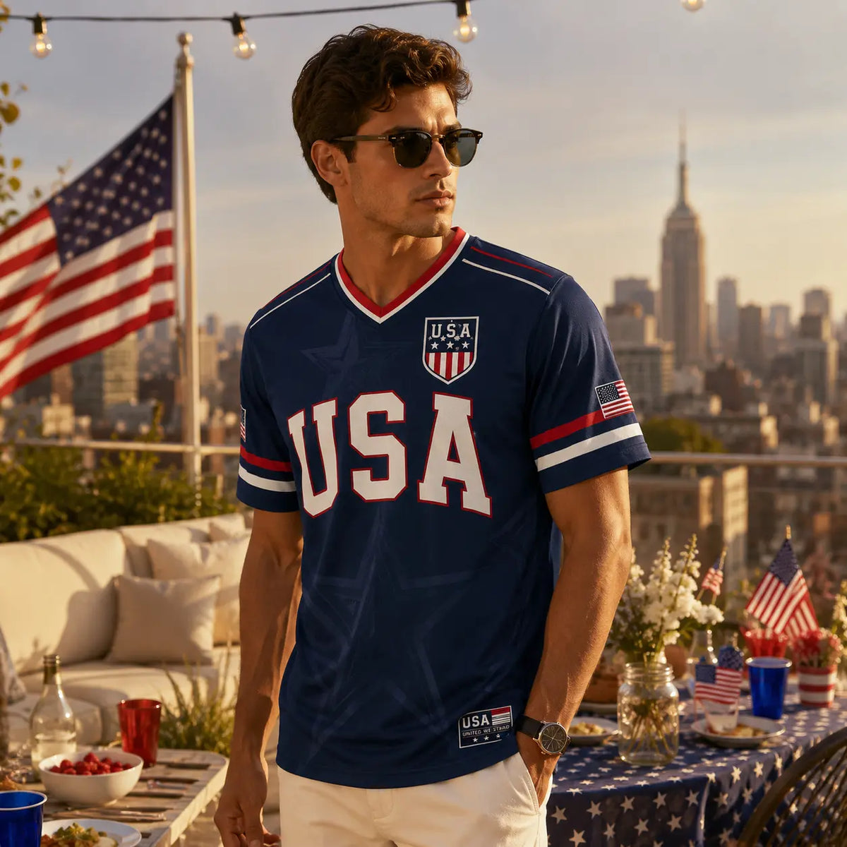 USA Liberty Soccer Jersey Patriotic American Flag V-Neck Football Shirt
