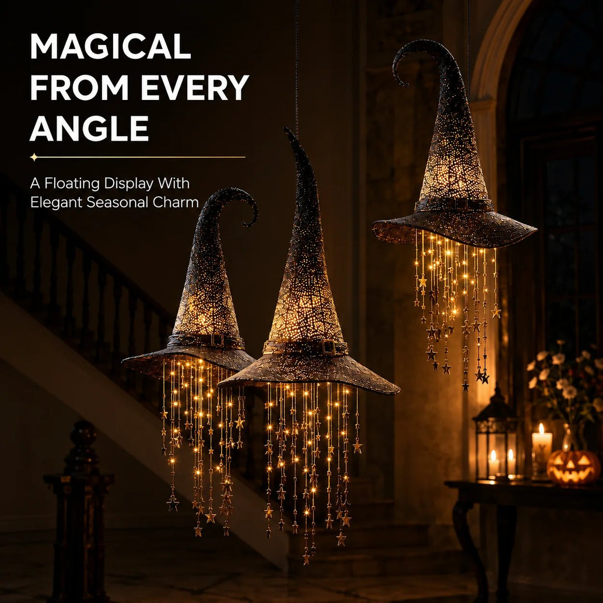 Lighted Witch Hat Hanging Chime Battery-Powered Halloween D cor with Remote Control