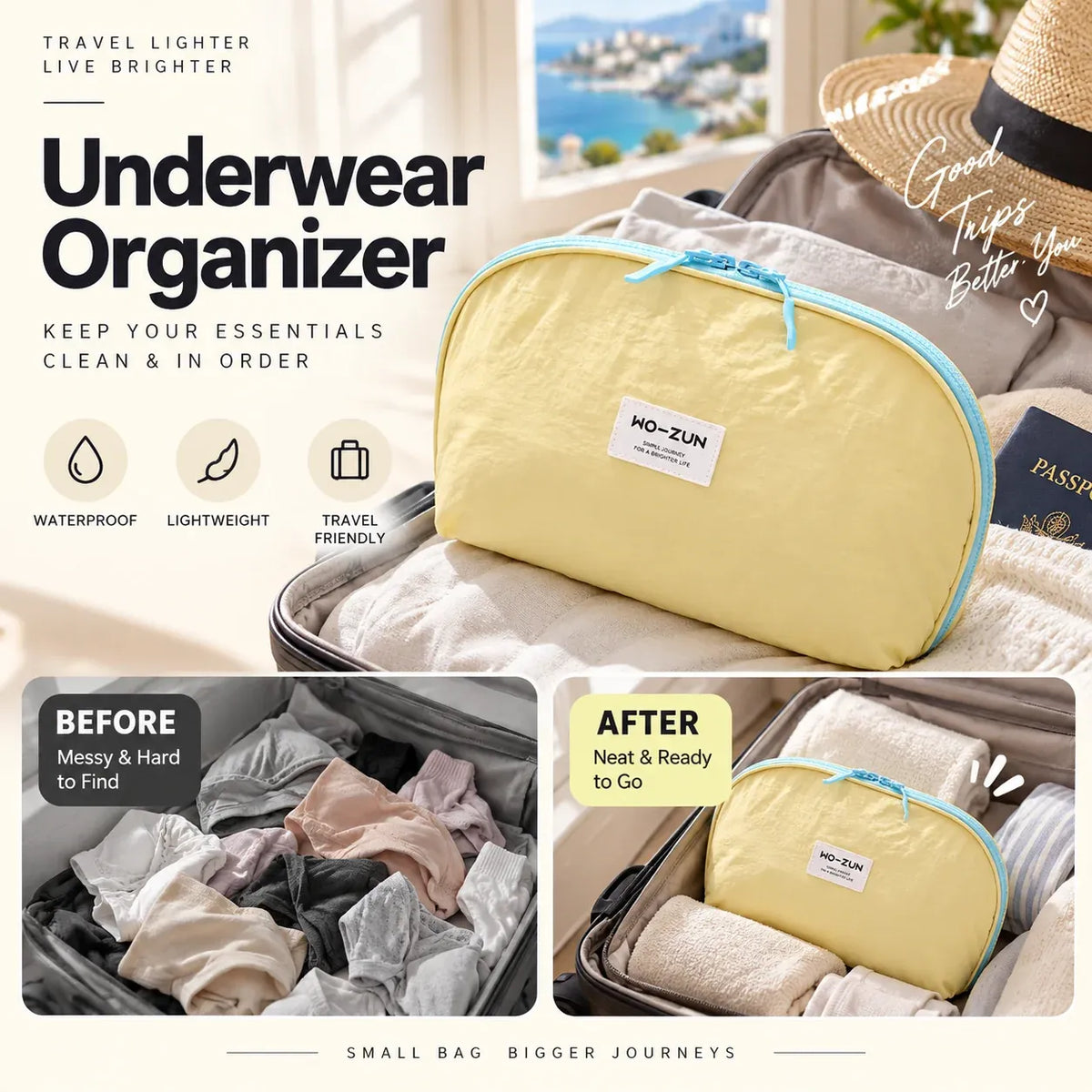 Portable Underwear Travel Organizer Separate Storage for Bras, Panties & Socks