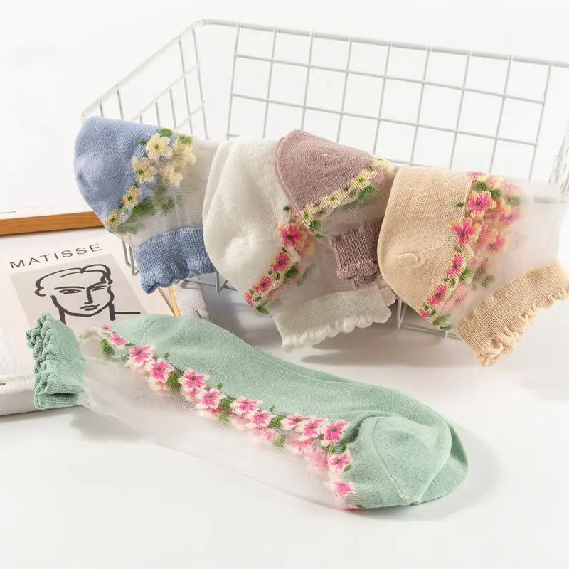 7 Pairs Womens Sheer Floral Mesh Ankle Socks Thin Transparent Ruffle Socks for Summer