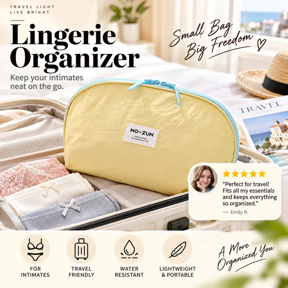Portable Underwear Travel Organizer Separate Storage for Bras, Panties & Socks