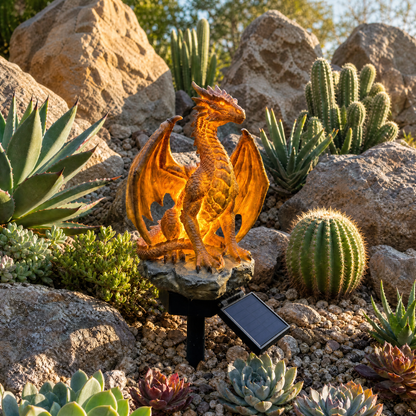 Solar Dragon Garden Statue Light Golden Ember Fantasy Outdoor Decor