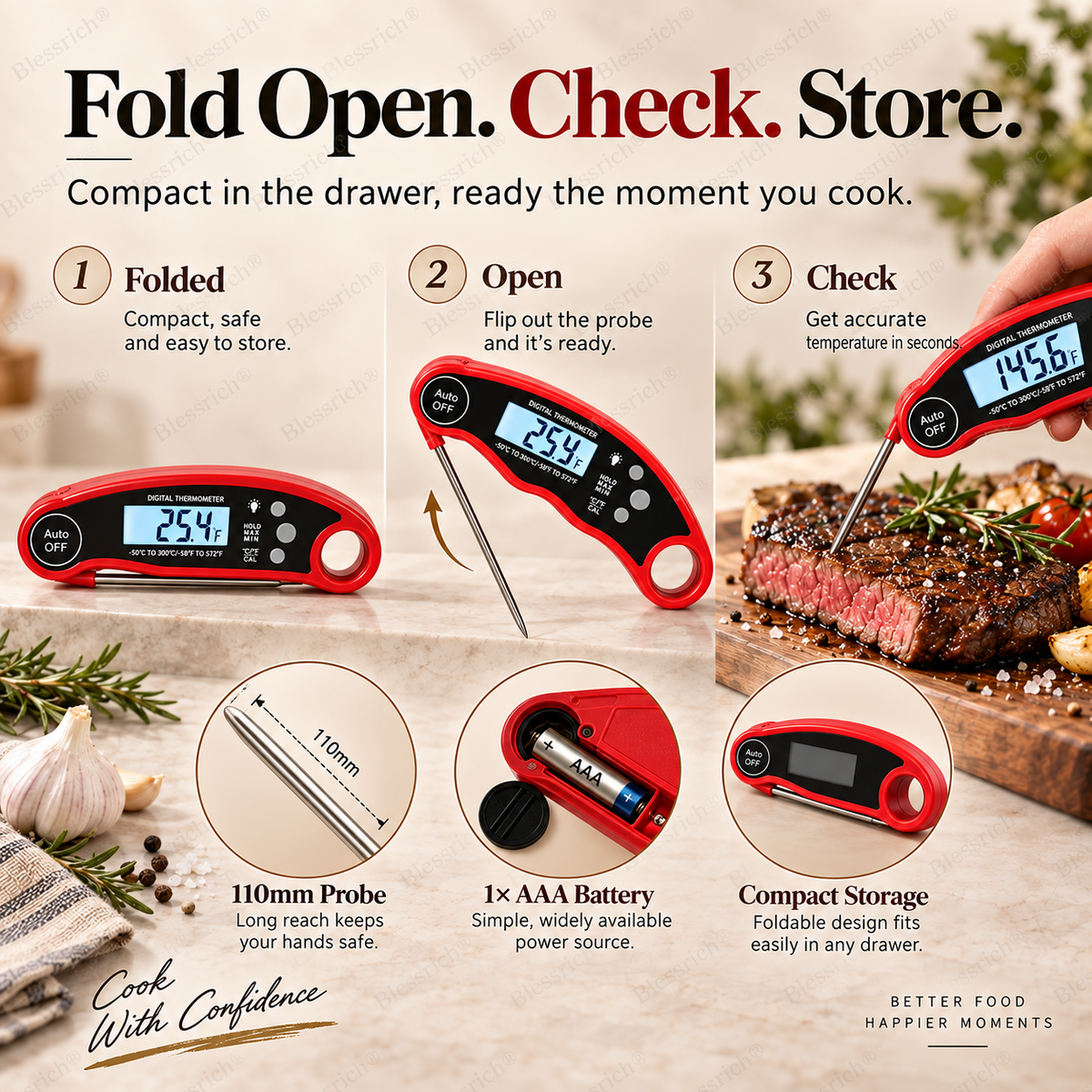 Foldable Digital Food Thermometer - Fast Reading Instant Meat Thermometer