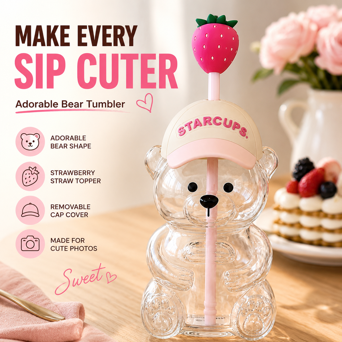 2026 Cute Beaar Glass Tumbler with Bear Lid & Strawberry Straw