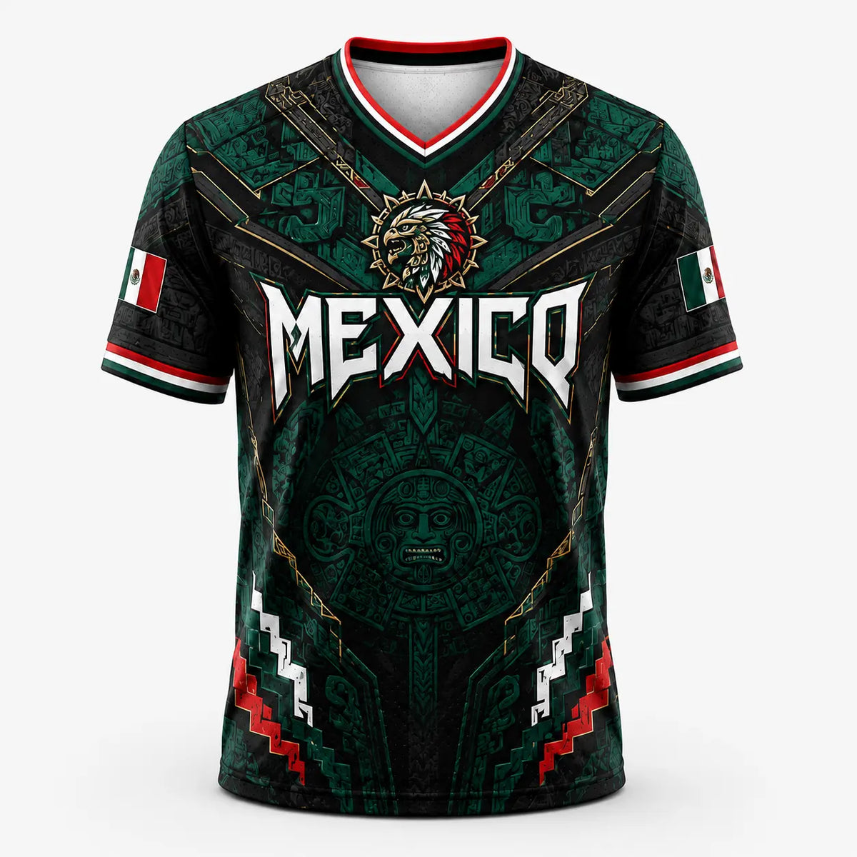 2026 Mexico Eagle Warrior Soccer Jersey Aztec Calendar Graphic V-Neck Fan Shirt for Men