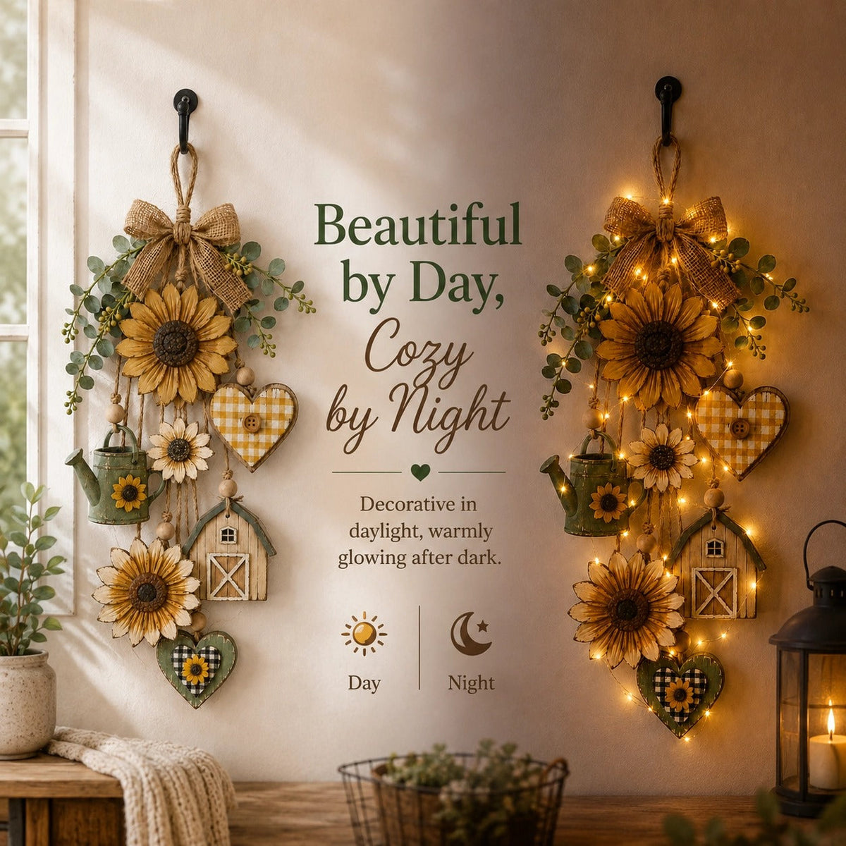 Rustic Wooden Garden-Themed Hanging Ornament with Remote Control Fairy Lights