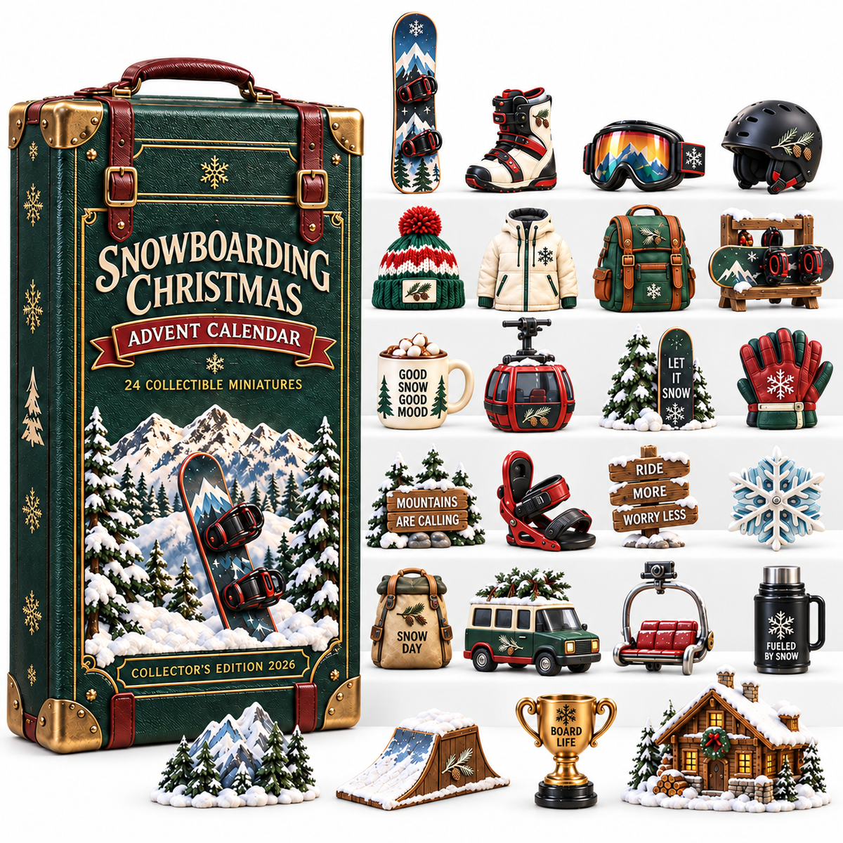 2026 Snowboarding Christmas Advent Calendar 24 Unique Collectible Miniatures for Snowboard Lovers & Mountain Adventures