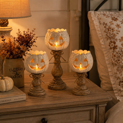 Rustic White Pumpkin Tealight Candle Holder Set
