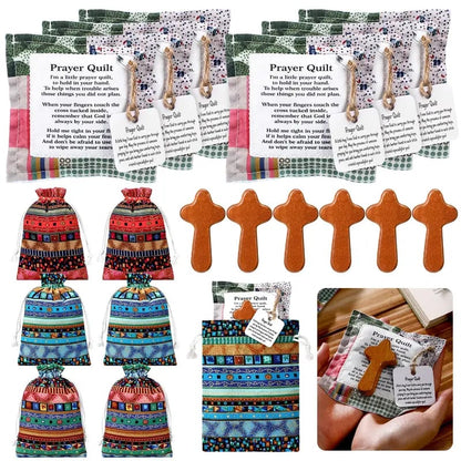 Pocket Prayer Quilt Set | Mini Handmade Prayer Blankets with Cross & Drawstring Bag Christian Gifts