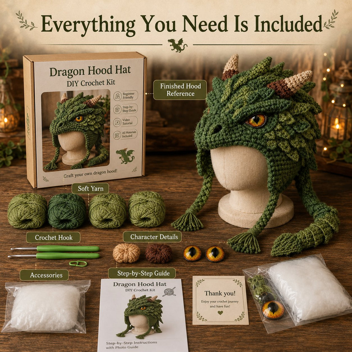 Fantasy Hood Hat DIY Crochet Kit | Premium Soft Yarn Materials with Step-by-Step Guide DIY Handmade Wearable Character