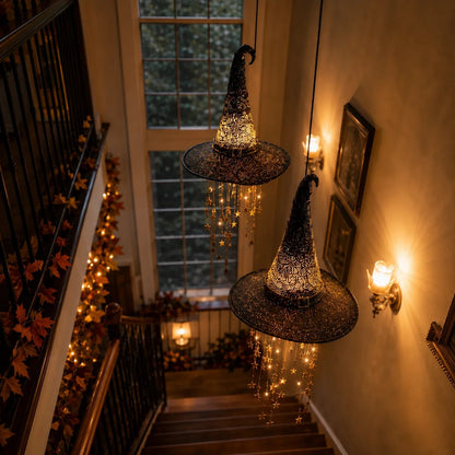 Lighted Witch Hat Hanging Chime Battery-Powered Halloween D cor with Remote Control