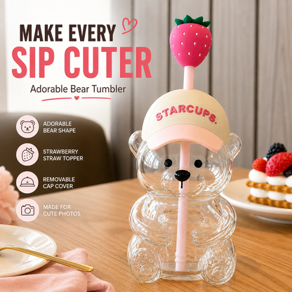 2026 Cute Beaar Glass Tumbler with Bear Lid & Strawberry Straw