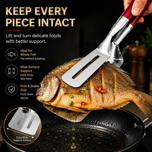 2-in-1 Stainless Steel Spatula Tongs Grip, Flip & Serve