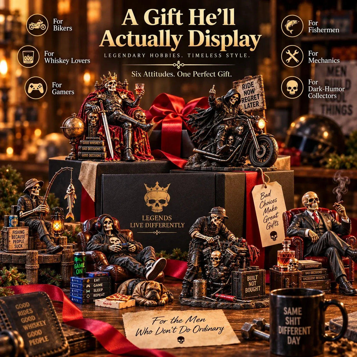 Bad to the Bone 6 Dark Humor Skeleton Collectibles for Men, Man Cave Decor & Unique Gifts